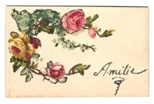 Glitzer-Perl-AK Rote und gelbe Rosen mit Vergissmeinnicht