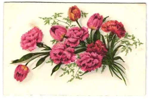 Glitzer-Perl-AK Blumenstrauss aus Tulpen und Rosen