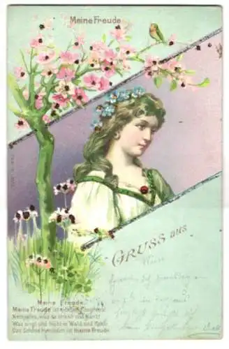 Glitzer-Perl-AK Frau mit Blumen im Haar unter dem Zweig mit Blüten und Vogel