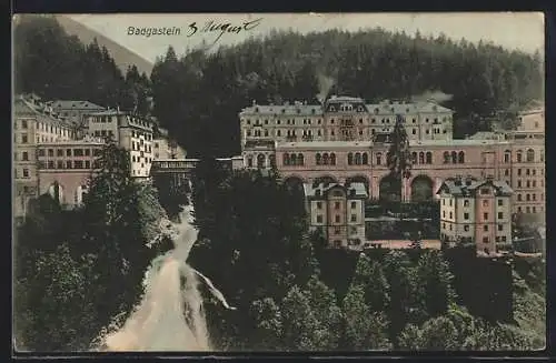 AK Badgastein, Ortsansicht mit Wasserfall