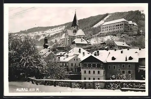 AK Murau, Teilansicht mit Kirche und Schloss im Schnee