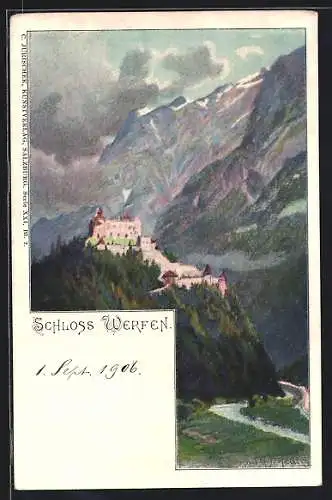 Lithographie Werfen, Panorama mit Schloss