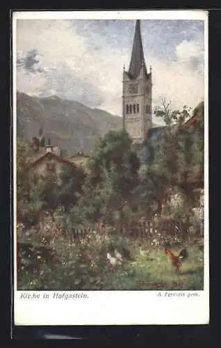 Künstler-AK Hofgastein, Hühner im Garten bei der Kirche