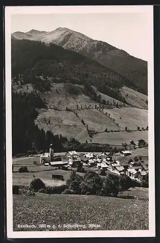 AK Saalbach, Teilansicht mit Kirche gegen den Schattberg