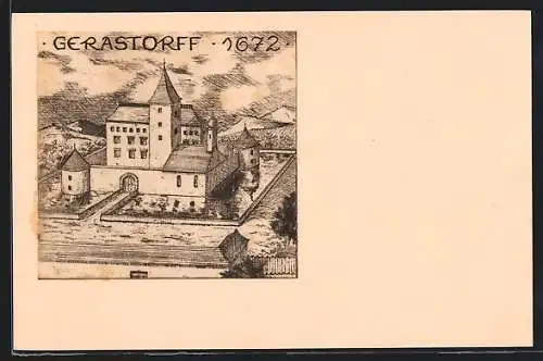 Künstler-AK Gerasdorf bei Wien, Gerastorff im Jahr 1672