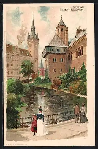 Lithographie Braunschweig, Partie am Burggraben