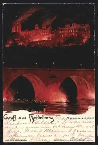 Lithographie Heidelberg, Schloss und Brücke bei nächtlicher Beleuchtung