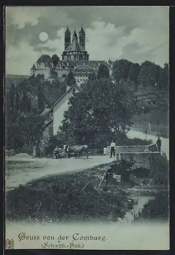 Mondschein-AK Schwäb.-Hall, Comburg mit Umgebung