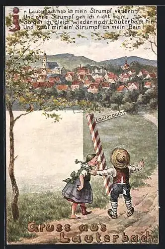 Künstler-AK Lauterbach / Hessen, Teilansicht und Kinderpaar am Wegweiser