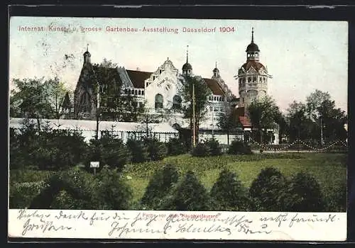AK Düsseldorf, Internat. Kunst- und grosse Gartenbau-Ausstellung 1904, Partie vor dem Hauptrestaurant