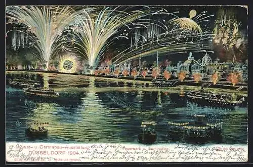 AK Düsseldorf, Feuerwerk & Illumination, Internationale Kunst- & Grosse Gartenbau Ausstellung 1904
