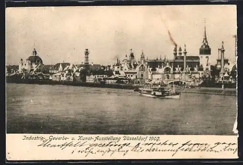 AK Düsseldorf, Industrie-, Gewerbe- und Kunst-Ausstellung 1902, Uferpartie mit Ausstellungshalle