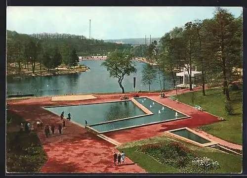 AK Saarbrücken, Deutsch-Französische Gartenschau 1960, Musikpavillon und Stufenwasserbecken am Deutschmühlenweiher