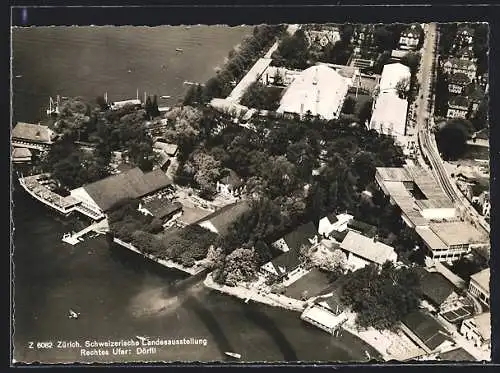 AK Zürich, Schweiz. Landes-Ausstellung, Fliegeraufnahme vom rechten Ufer, Dörfli