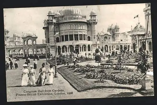 AK London, Franco-British-Exhibition 1908, Congress Hall from Gardens