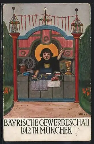 Künstler-AK München, Bayerische Gewerbeschau 1912, Münchner Kindl in einem Verkaufsstand