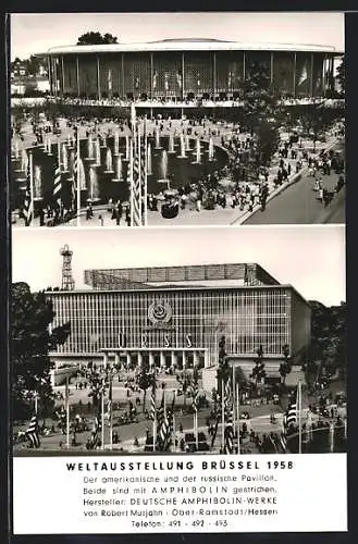 AK Brüssel, Weltausstellung 1958, amerikanischer und russischer Pavillon