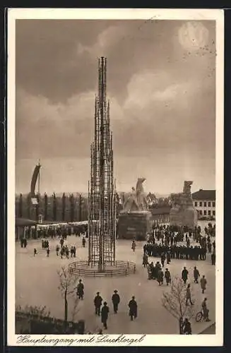 AK Düsseldorf, Grosse Reichsausstellung Schaffendes Volk 1937. Haupteingang mit Leuchtorgel