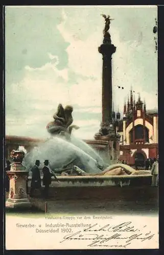 AK Düsseldorf, Industrie- und Gewerbe-Ausstellung 1902, Centauren-Gruppe vor dem Kunstpalast