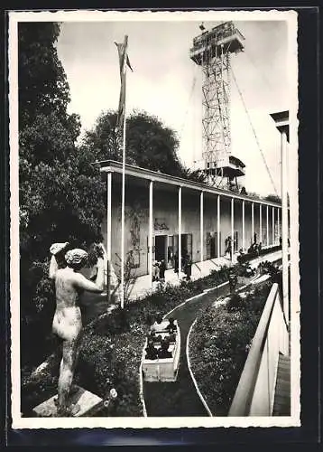 AK Zürich, Schweizerische Landes-Ausstellung 1939, Schifflibach mit Seilbahnturm