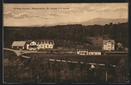 AK St. Johann i. d. Haide, Gasthaus Restauration T. Konrad aus der Vogelschau