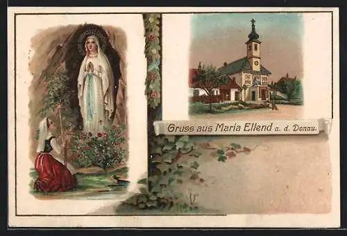 Lithographie Maria Ellend /Donau, Marienstatue mit frommer Besucherin, Kirche