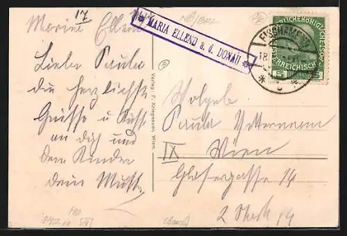 Lithographie Maria Ellend /Donau, Marienstatue mit frommer Besucherin, Kirche