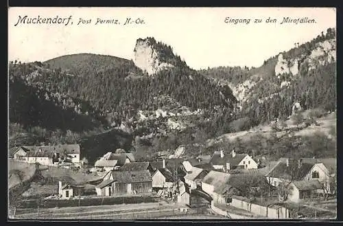 AK Muckendorf, Ortsansicht mit dem Eingang zu den Mirafällen