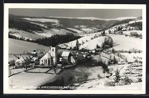 AK Hirschegg, Ortsansicht mit Hirscheggalpe im Winter