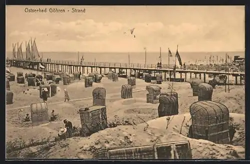 AK Göhren / Rügen, Strandpartie mit Steg