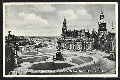 AK Dresden, Blick vom Zwingerwall nach der Katholischen Hofkirche und Schloss