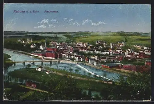 AK Kettwig, Blick über die Ortschaft mit Ruhrbrücke