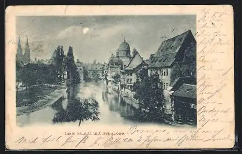 AK Nürnberg, Insel Schütt, Teilansicht mit Synagoge bei Mondschein