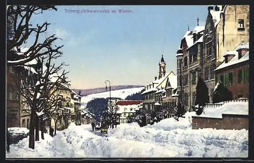 AK Triberg /Schwarzwald, Strassenpartie mit Pferdeschlitten im Winter