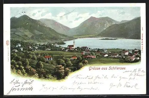 AK Schliersee, Ortspanorama mit See