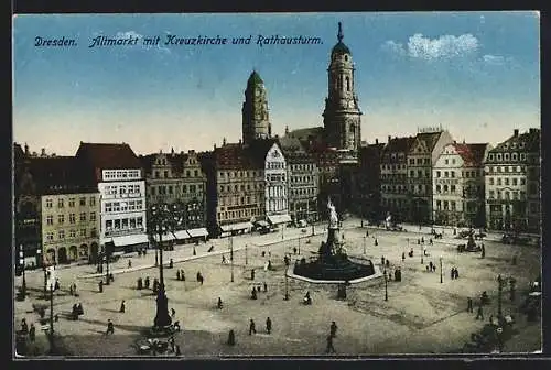 AK Dresden, Altmarkt mit Kreuzkirche und Rathausturm