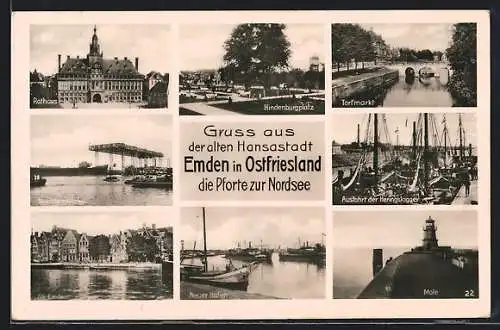 AK Emden / Ostfr., Hindenburgplatz, Torfmarkt, Mole, Neuer Hafen, Nordseewerke und Alt-Emden