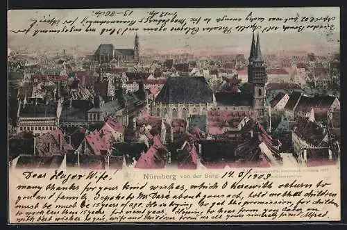 AK Nürnberg, Teilansicht mit Kirche von der Burg