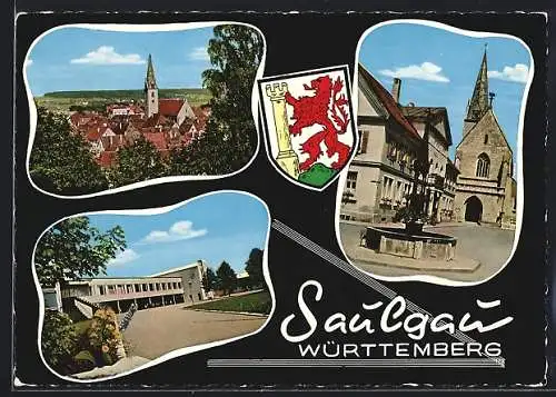 AK Saulgau /Württemberg, Ortsansicht mit Kirche, Brunnen am Kirchplatz, Schulgebäude