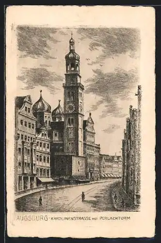 Künstler-AK Augsburg, Karolinenstrasse mit Perlachturm