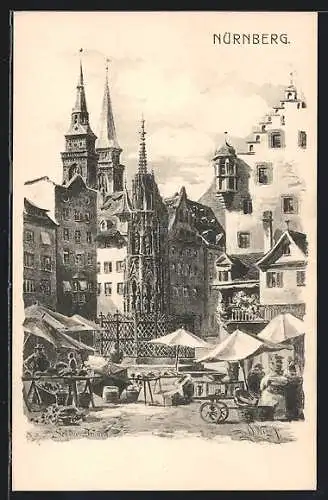 Künstler-AK Nürnberg, Blick über den Marktplatz zur Kirche