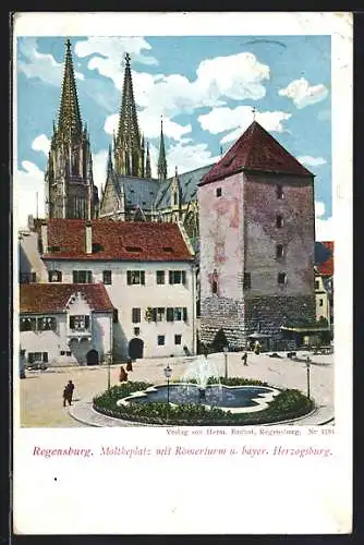 AK Regensburg, Blick auf Moltkeplatz mit Römerturm u. bayr. Herzogsburg