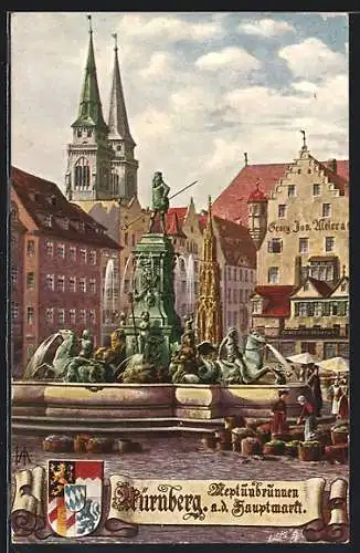 Künstler-AK Nürnberg, Hauptmarkt mit Geschäftshaus und Neptunbrunnen