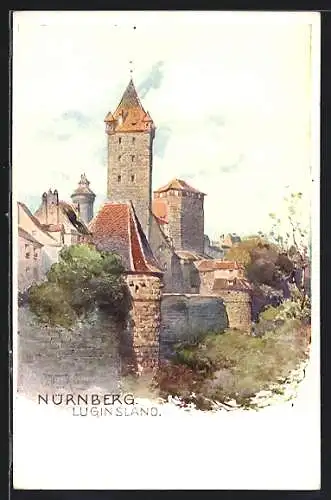 Künstler-AK Nürnberg, Turm Luginsland im Sonnenschein