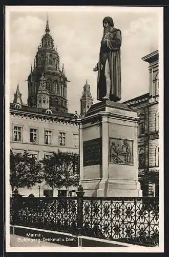 AK Mainz, Gutenberg-Denkmal und Dom