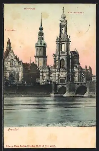 AK Dresden, Uferpartie mit Georgentor, Schlossturm und Kath. Hofkirche