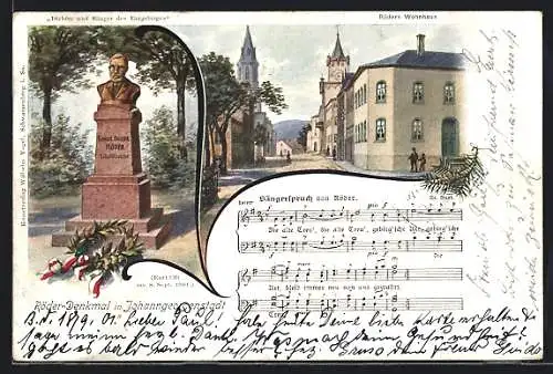 Lithographie Johanngeorgenstadt, Röder-Denkmal, Sängerspruch und Wohnhaus