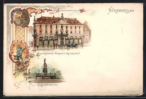 Lithographie Nürnberg, Kunstgewerbliches Magazin Gg. Leykauf, Tugendbrunnen, Pferdekutsche, Engel