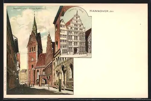 Lithographie Hannover, Marktkirche, Altes Rathaus, Leibniz-Haus