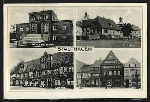 AK Stadthagen, Schulplatz, Markt, Städt. Badeanstalt